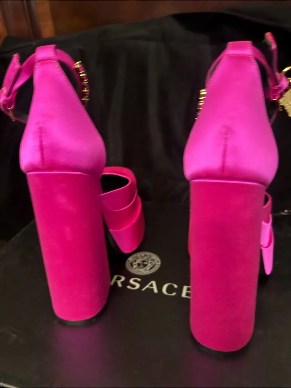 Versace Hot Pink Satin Platform Ankle-Strap Heels with Gold Bead Charm